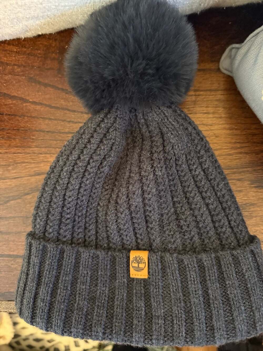 Timberland Ribbed Knit Pom Pom Beanie Hat Fleece Lined Dark Grey OS
